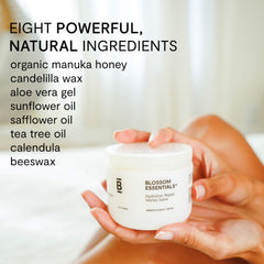 Blossom Essentials Honey Salve highlights calendula extract for skin nourishment.