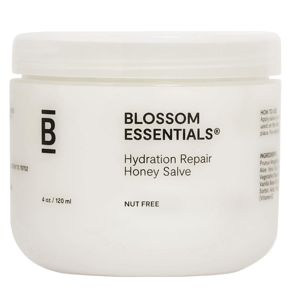 Blossom Essentials Honey Salve jar closeup for deep hydration and soothing relief.