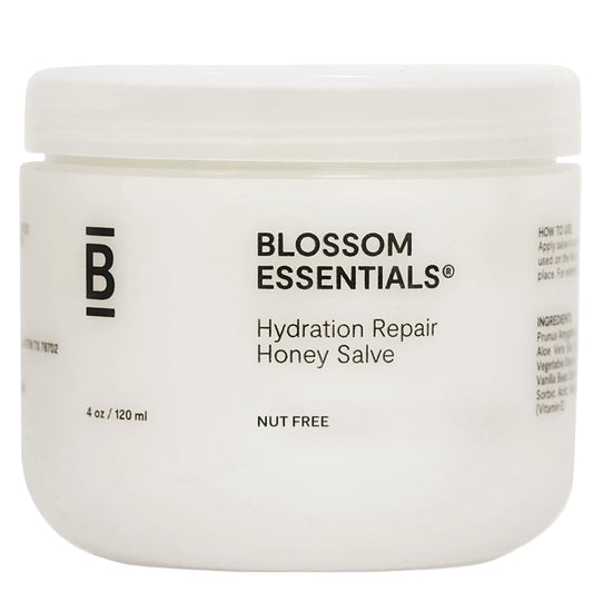 Blossom Essentials Honey Salve jar closeup for deep hydration and soothing relief.