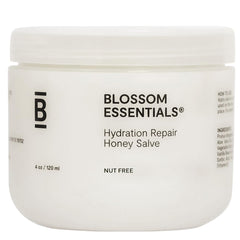Blossom Essentials Honey Salve jar closeup for deep hydration and soothing relief.