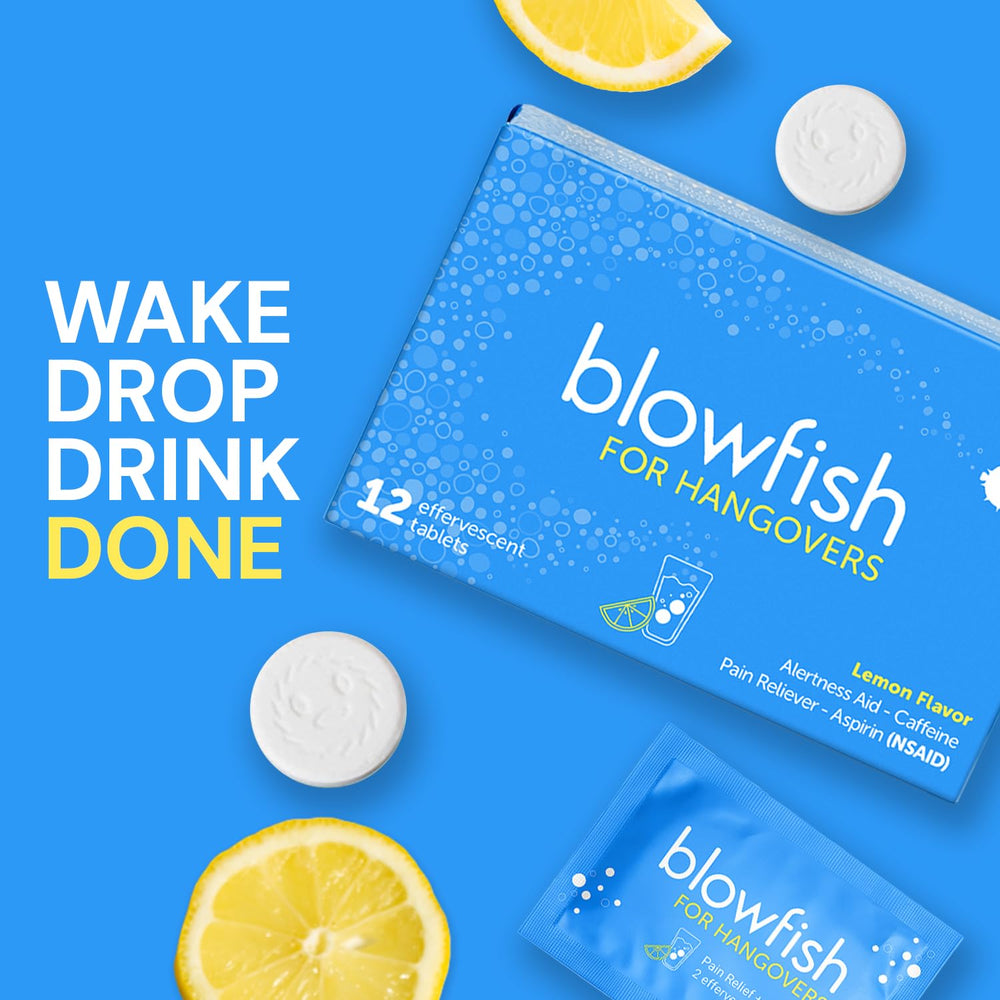 Blowfish box packaging close-up, ready for easy morning recovery.