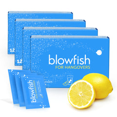 Blowfish hangover tablets dissolving in water for quick relief.