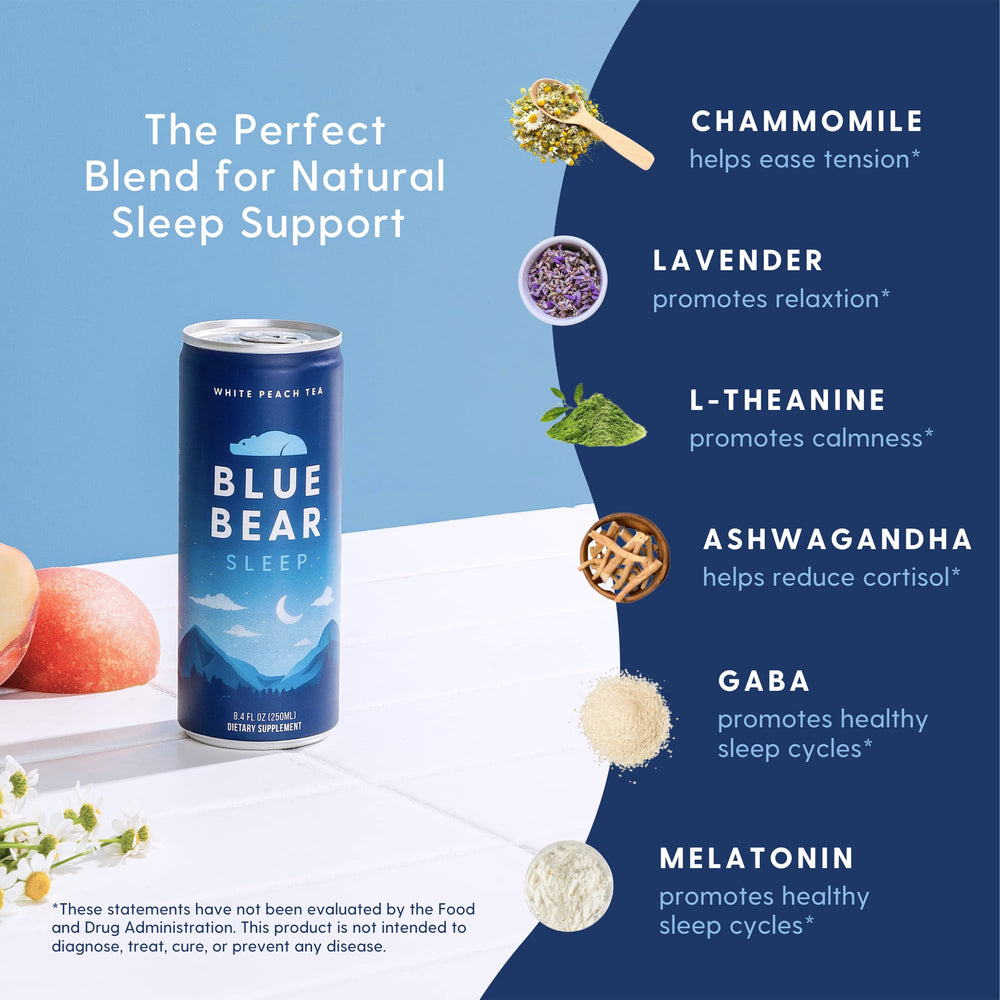 Blue Bear White Peach Tea bottle closeup showing soothing flavor