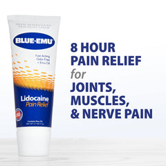 Close-up of BLUE-EMU packaging highlighting odor-free formula for discreet use.