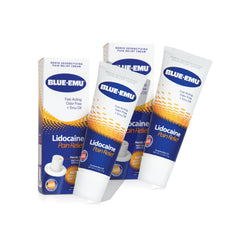BLUE-EMU Lidocaine Pain Relief Cream tube ready for fast targeted numbing relief.