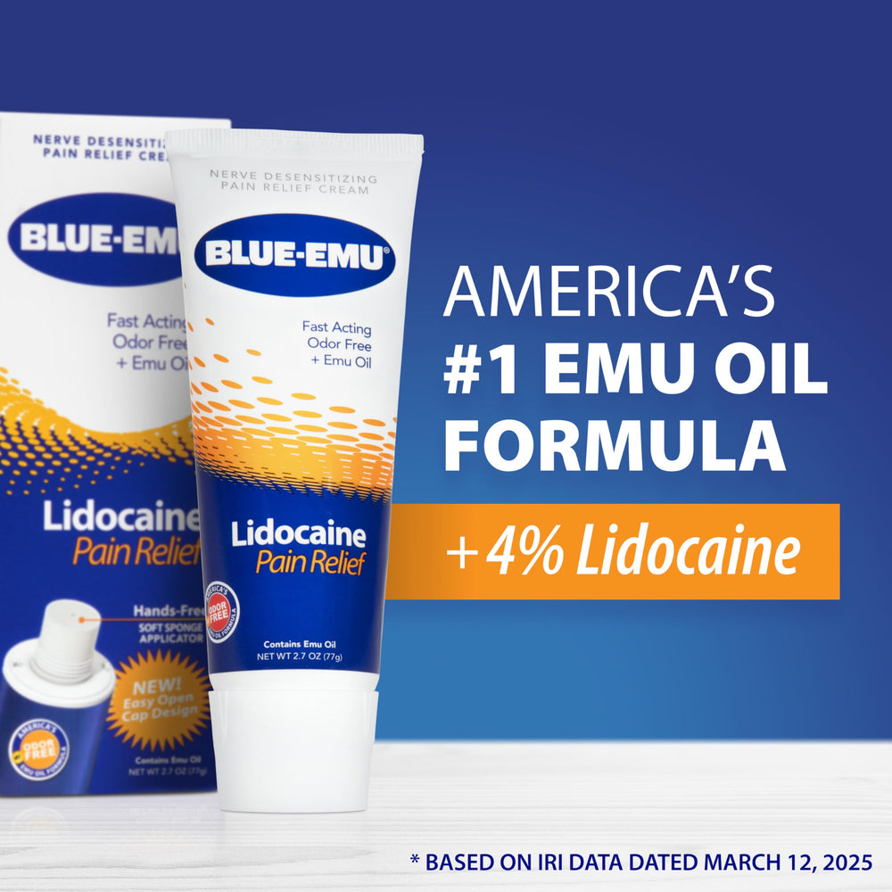 Two-pack BLUE-EMU lidocaine cream for convenient storage and use.