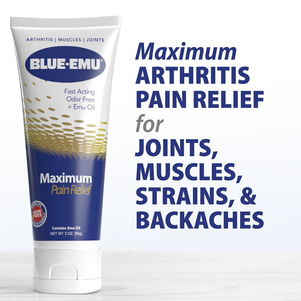 BLUE-EMU Maximum Pain Relief Cream applied to knee to ease joint discomfort.