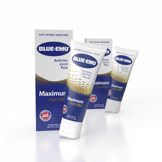 BLUE-EMU Maximum Pain Relief Cream tube cap for easy, mess-free application.