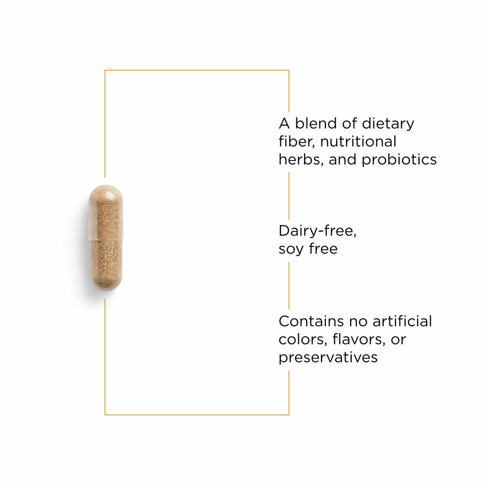 Close-up of Blue Heron capsules emphasizing probiotic and fiber formula