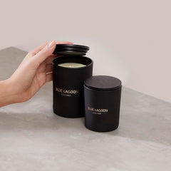 Blue Lagoon Skin Science candle wick emphasizing steady burn and aroma release.