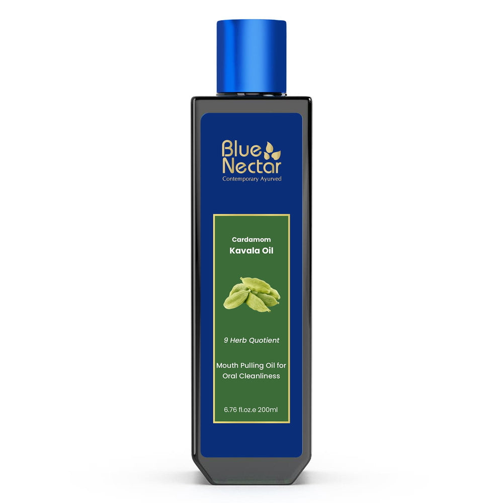 Blue Nectar Cardamom Mint Oil Pulling bottle pour shows soothing blend for daily freshness.