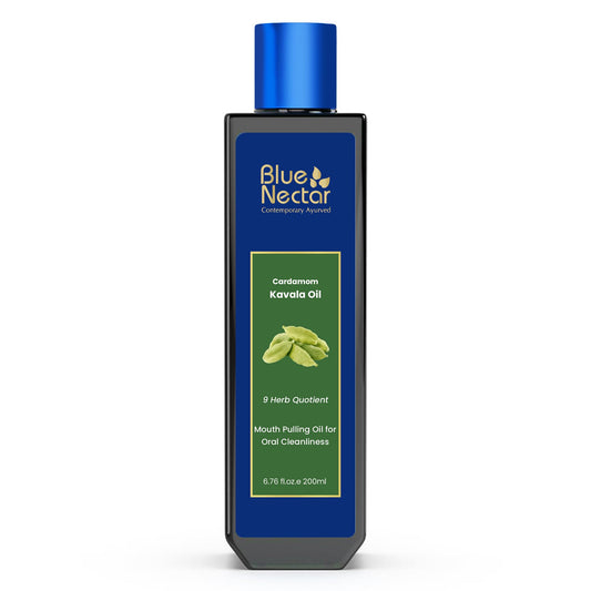 Blue Nectar Cardamom Mint Oil Pulling bottle pour shows soothing blend for daily freshness.