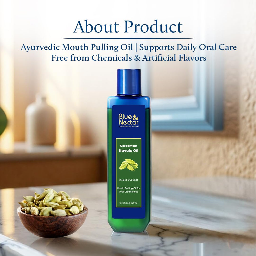 Blue Nectar Cardamom Mint Oil Pulling kavala guide demonstrates ritual usage.
