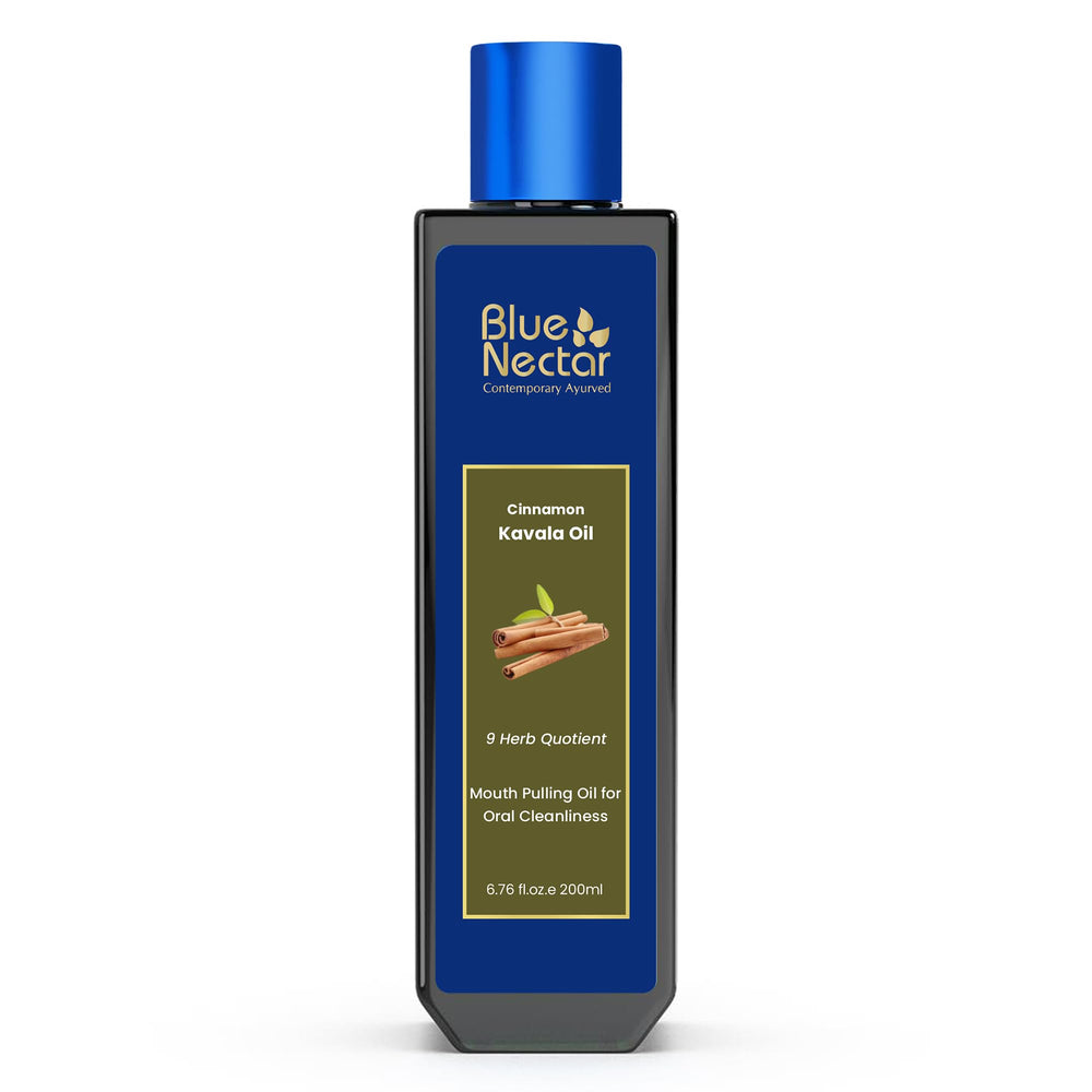 Blue Nectar Cinnamon Mouth Pulling Oil bottle supports fresh breath.
