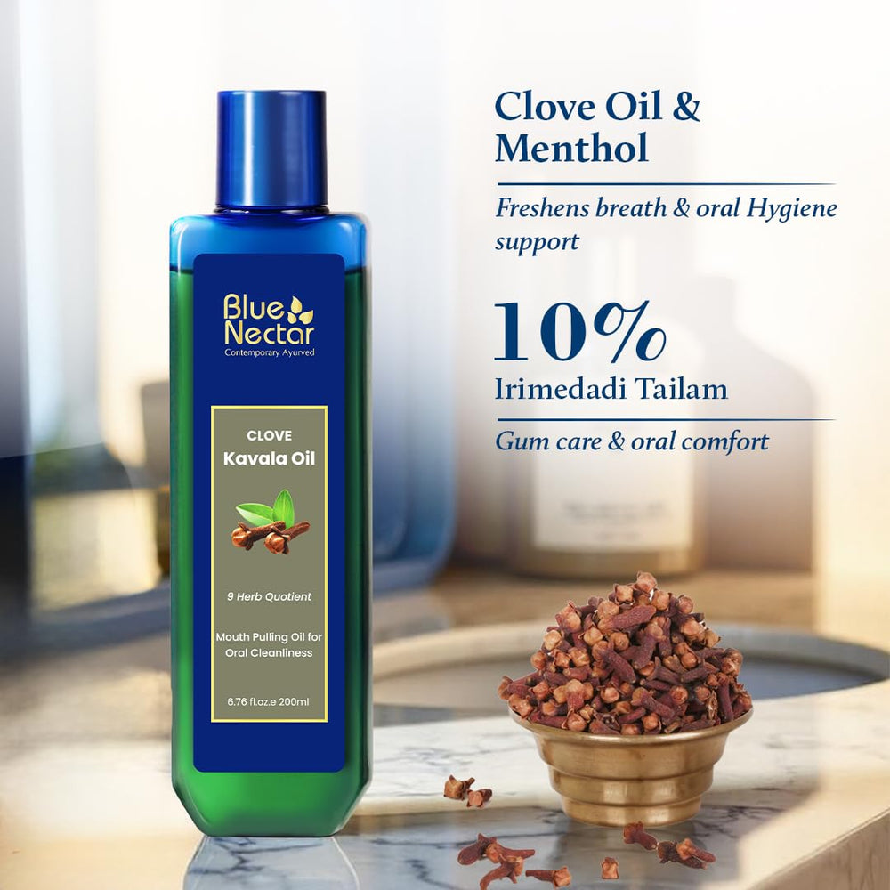 Blue Nectar clove oil pulling pour highlights alcohol-free care