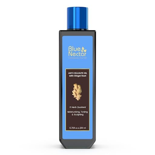 Blue Nectar Ginger Oil bottle pour for cellulite-targeting body massage and toning.
