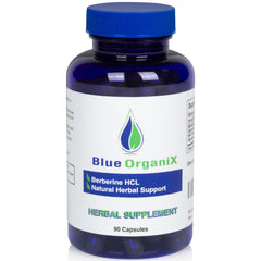 Blue Organix berberine bottle label highlights 500 mg formula with milk thistle for natural wellness.