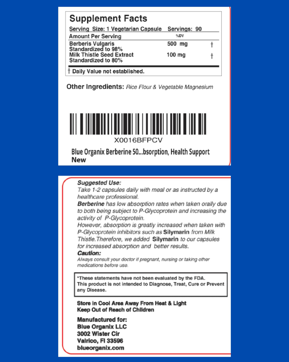 Blue Organix berberine bottle pour demonstrates easy daily dosing for convenient use.