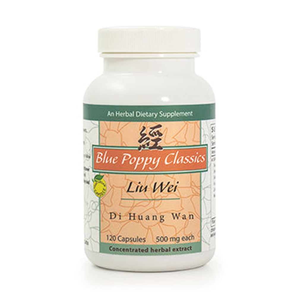 Blue Poppy Zhi Bai Di Huang Wan bottle with 120 capsules for daily wellness support.