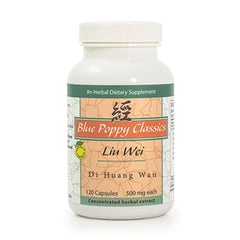 Blue Poppy Zhi Bai Di Huang Wan bottle with 120 capsules for daily wellness support.