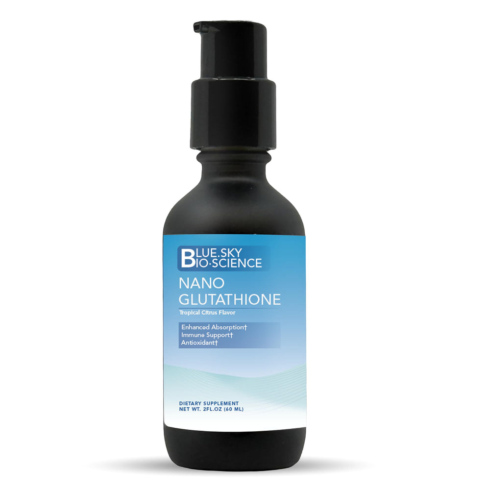 Blue Sky Bioscience Nano Glutathione bottle highlights fast oral absorption and antioxidant support.