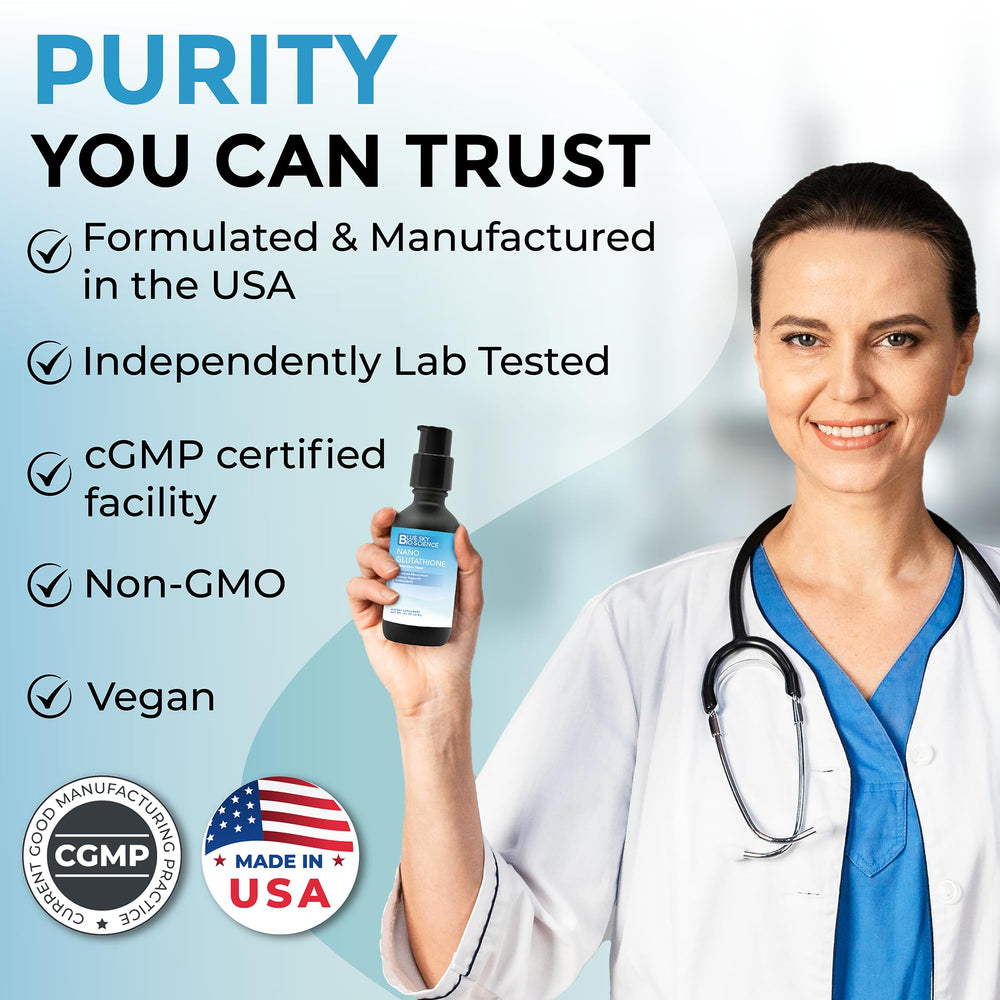 Blue Sky Bioscience Nano Glutathione bottle shows tropical citrus flavor for dosing.