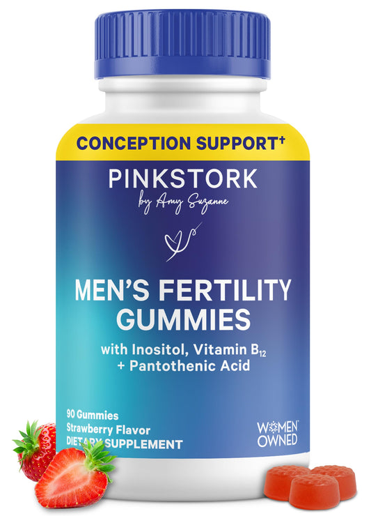 Blue Stork Fertility Gummies bottle for men supporting reproductive wellness.