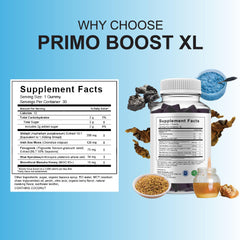 Blue Vibe Primo Boost XL gummies close-up emphasizing shilajit and Manuka honey for energy support