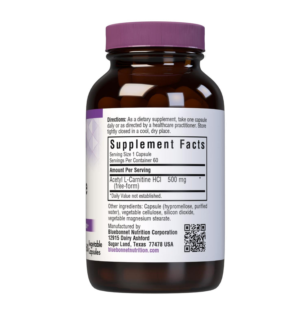 Bluebonnet Acetyl L-Carnitine capsules inside bottle for convenient daily use.