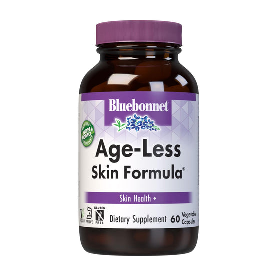BlueBonnet Age-Less Skin Formula bottle front highlights skin-supporting ingredients.