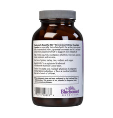 BlueBonnet Beautiful Ally Resveratrol label shows 500 mg per serving and ingredients.