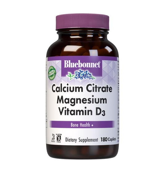 Bluebonnet Calcium Citrate Magnesium D3 caplets bottle supports bone health and daily muscle function.