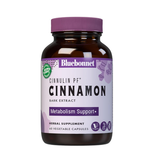 BlueBonnet CinnulinPF cinnamon bark extract bottle with clear label for easy daily dosing.