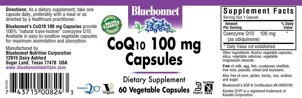 BlueBonnet CoQ-10 bottle back highlighting allergen-free and non-GMO formula.