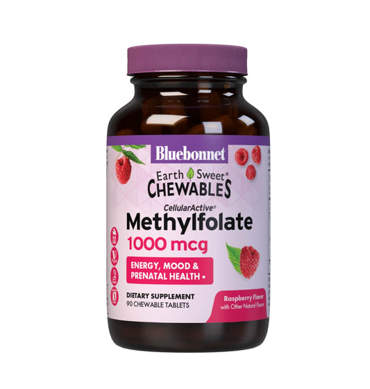 Bluebonnet EarthSweet Methylfolate raspberry bottle supports daily energy and prenatal nutrition.
