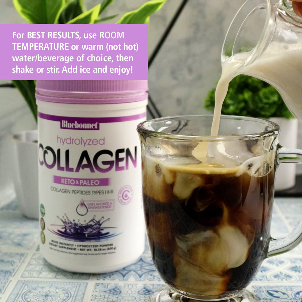 BlueBonnet collagen powder being shaken in a bottle for smooth blend