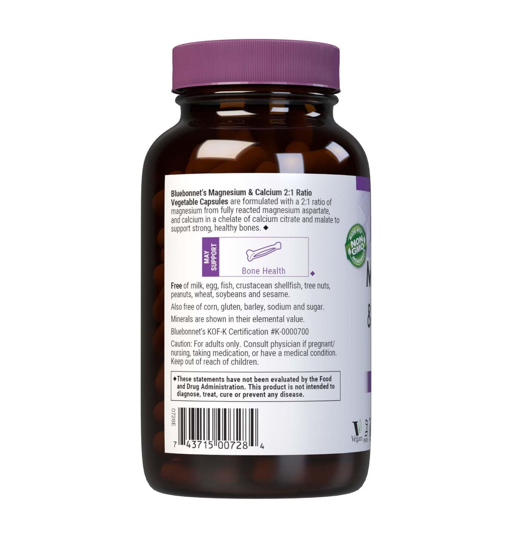 BlueBonnet Magnesium & Calcium label shows 2:1 ratio and serving details.
