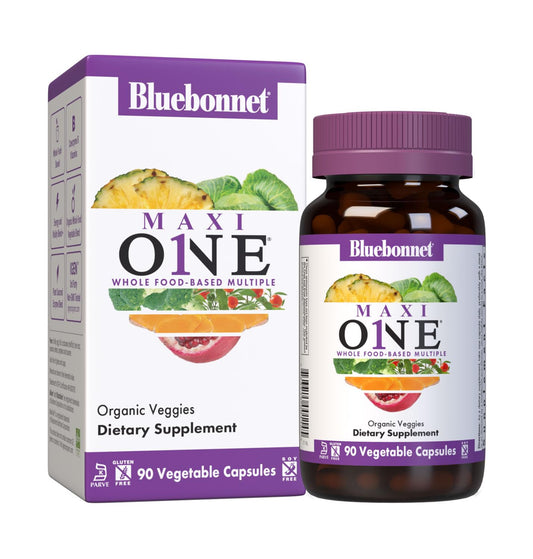 Bluebonnet Maxi One bottle label showing trusted whole-food multivitamin for daily support