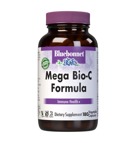 Bluebonnet Mega Bio-C bottle label highlights high-potency vitamin C for immune support.