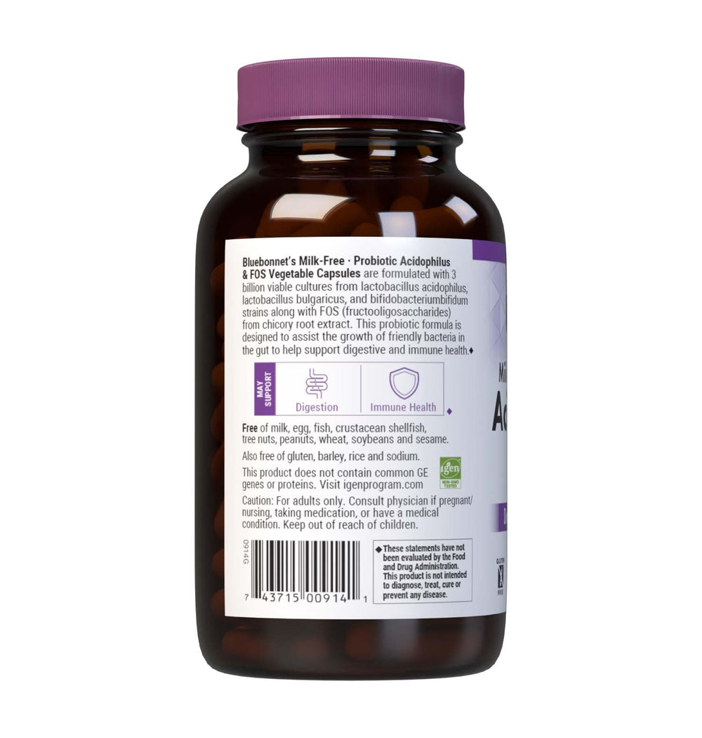 BlueBonnet Milk-Free Probiotic capsules image shows 250 servings for long-lasting supply.