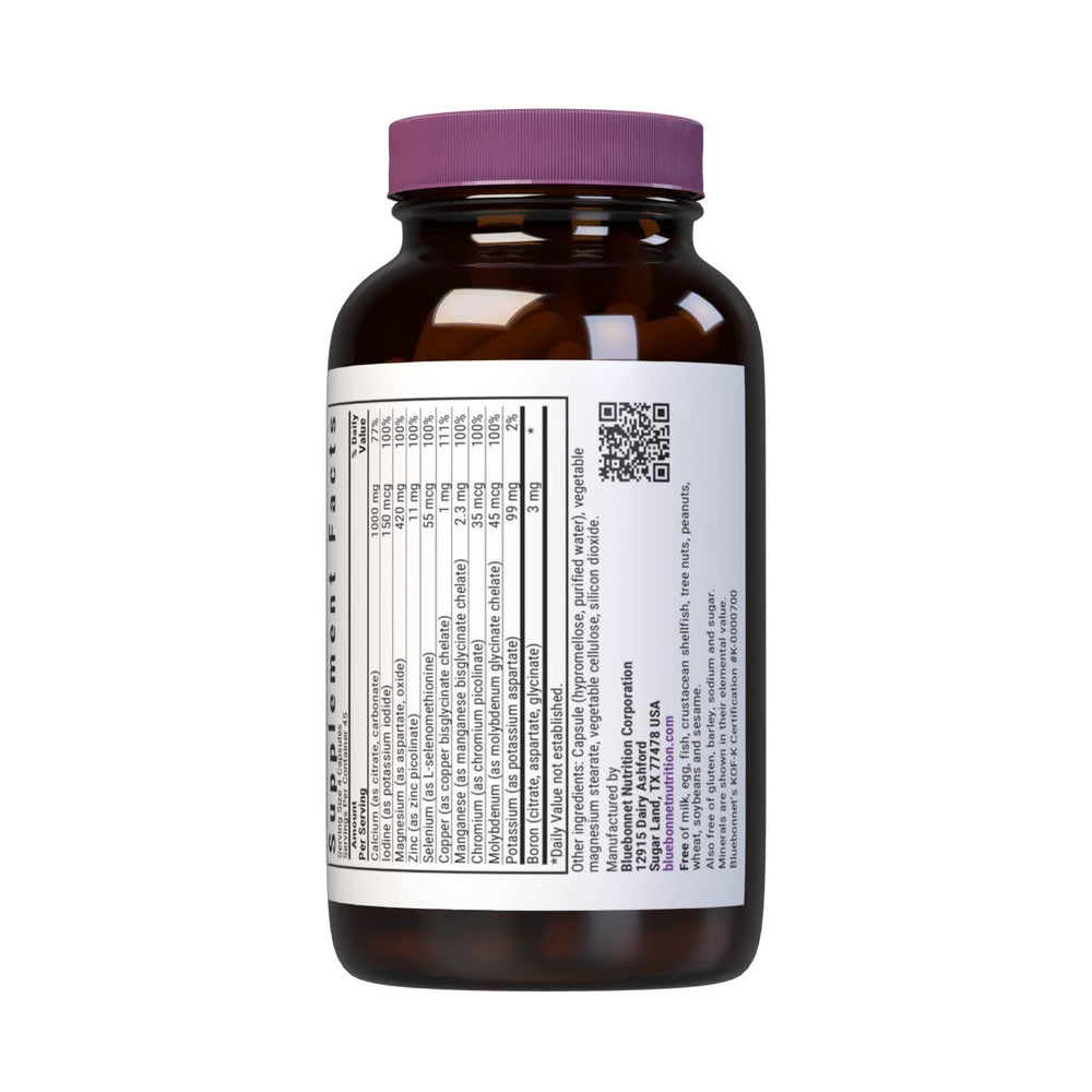 BlueBonnet Multi Minerals bottle with serving scoop emphasizing high calcium for bone health.