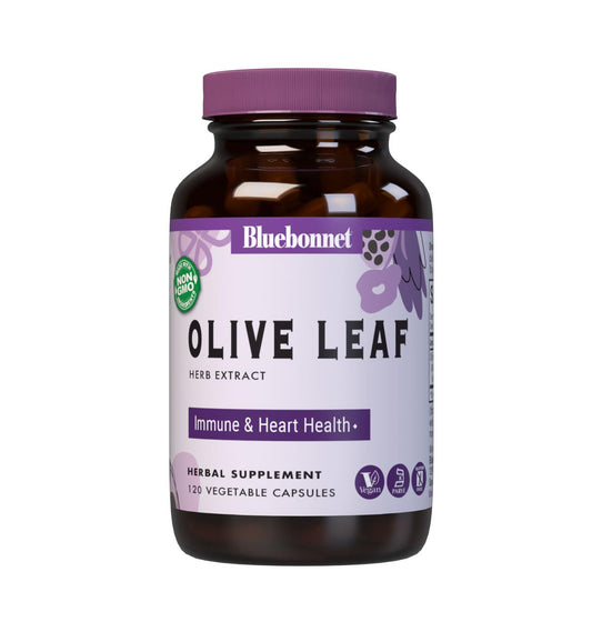 BlueBonnet Olive Leaf Herb Extract bottle showing 120 capsules for daily immune and heart health potential.