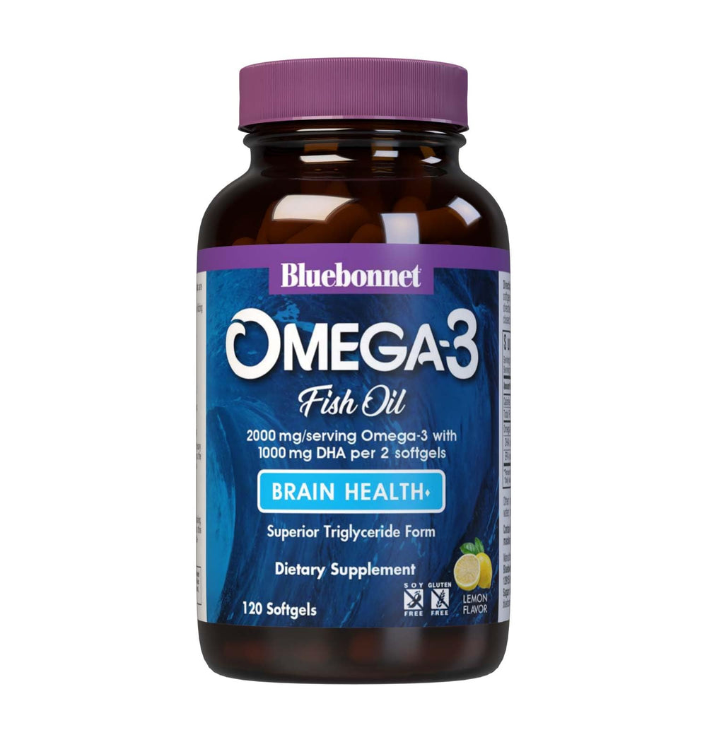BlueBonnet Omega-3 Brain Formula softgels in bottle with lemon flavor for burpless use.