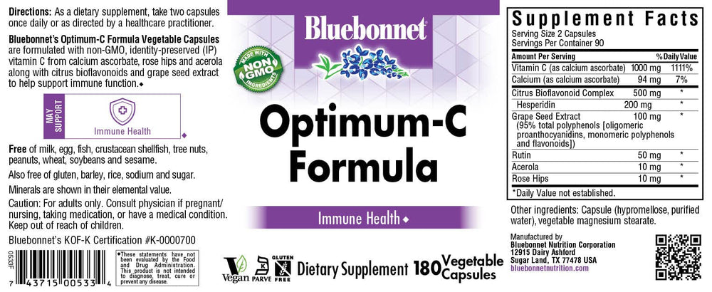 BlueBonnet Optimum C Formula capsules on a label close-up highlighting non-GMO, vegan formula.