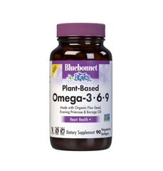 BlueBonnet plant-based omega 3-6-9 bottle showing potential heart health support.