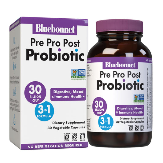 BlueBonnet Pre Pro Post Probiotic bottle front for digestive support.