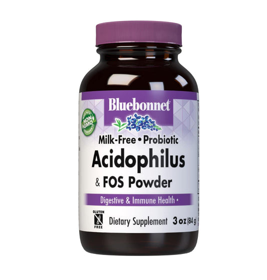 BlueBonnet Probiotic Acidophilus Plus FOS Powder jar supports digestive balance when mixed.