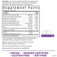 Bluebonnet Stress B-Complex capsules close-up highlighting vegan, gluten-free formulation.