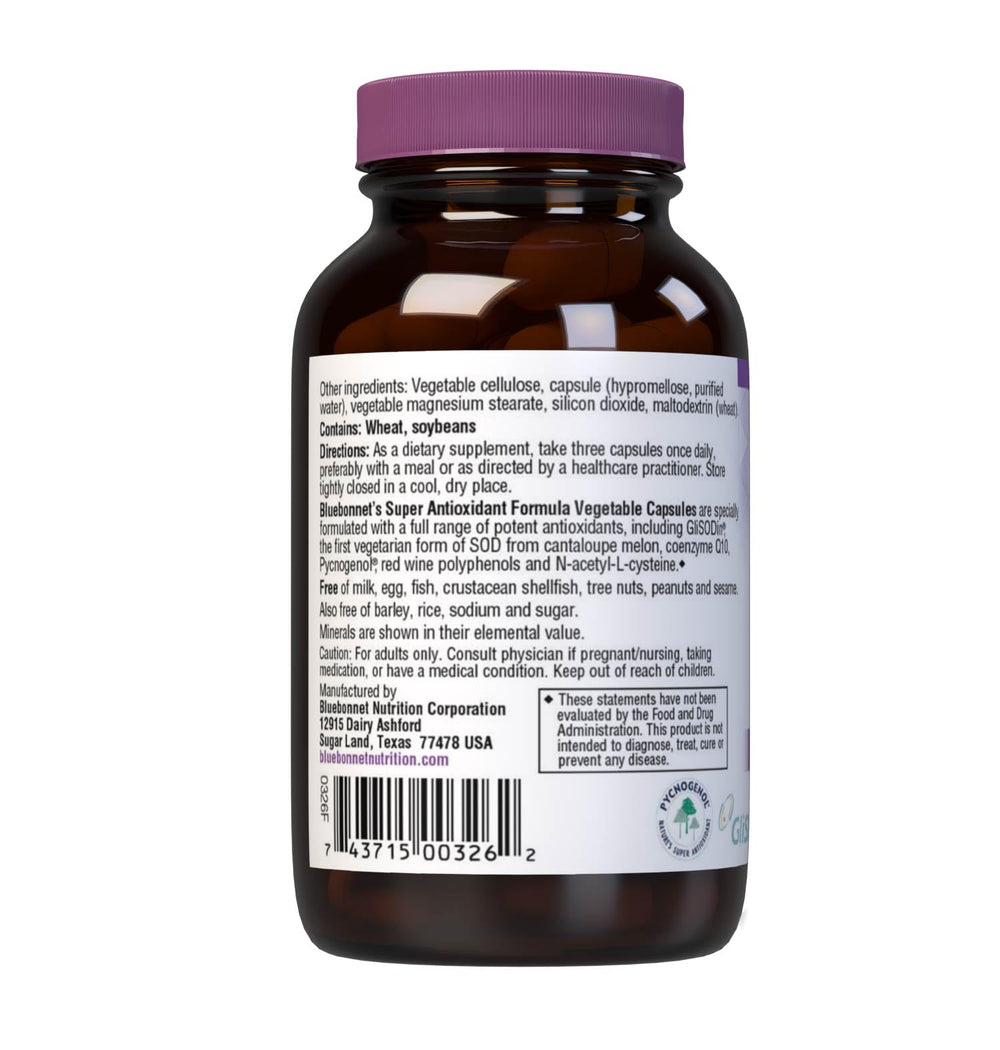 Bluebonnet Super Antioxidant Formula ingredient panel highlights GliSODin and CoQ10