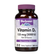 BlueBonnet Vitamin D3 5000 IU softgels bottle for daily bone support.